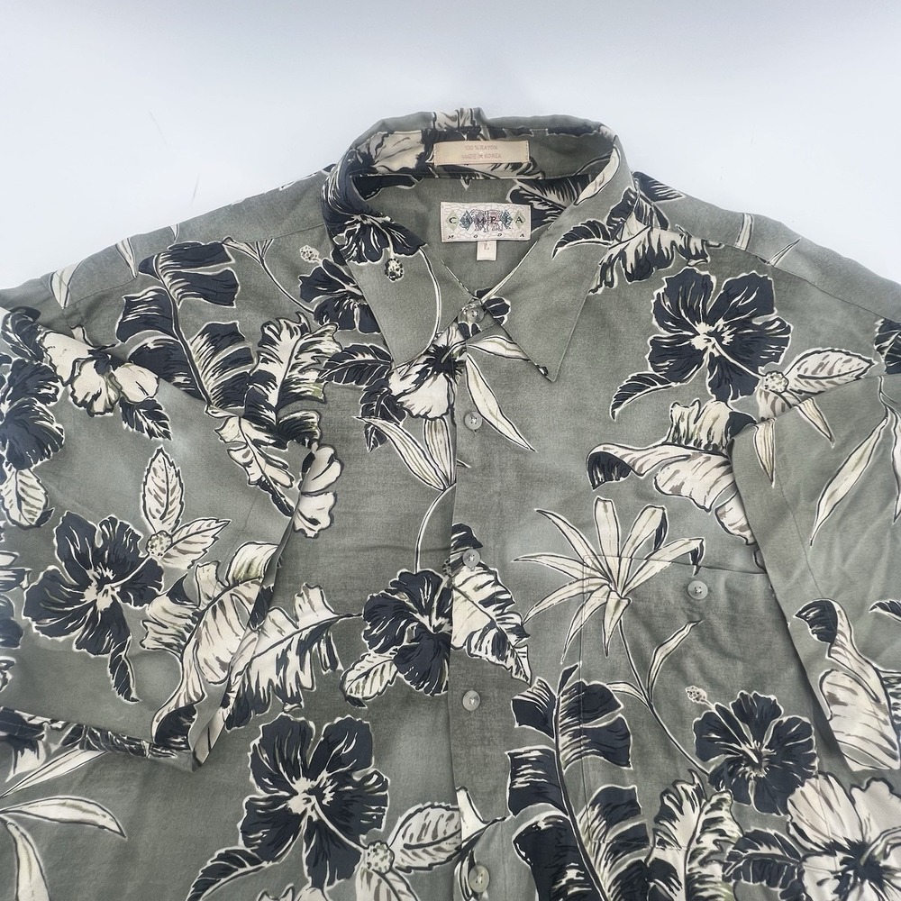 Vintage Camara Moda Hawaiian Shirt Men's L Green Floral Short Sleeve Button